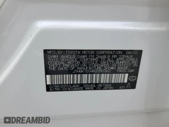 2010 Lexus ES 330 with VIN JTHBK1EG4A2390362, listed as a Copart auction lot 50737025 with 53,900 mi miles and Salvage Title. Bid and sale history available at DreamBid. Image 14.