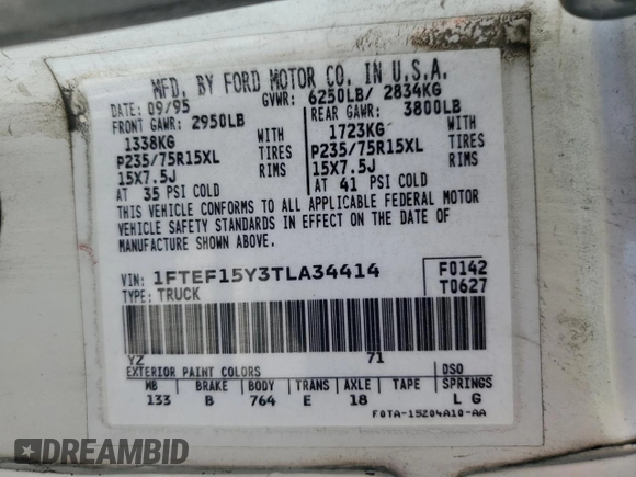 1996 Ford F-150 с VIN 1FTEF15Y3TLA34414, выставлен на аукционе Copart как лот 61026415 с пробегом 133 406 миль миль и Списание • Salvage title. История ставок и продаж доступна на DreamBid. Изображение 12.