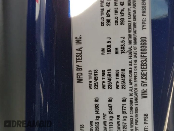 2018 Tesla Model 3 Long Range Battery with VIN 5YJ3E1EB3JF093680, listed as a Copart auction lot 52757865 with 60,598 mi miles and Salvage Title. Bid and sale history available at DreamBid. Image 12.