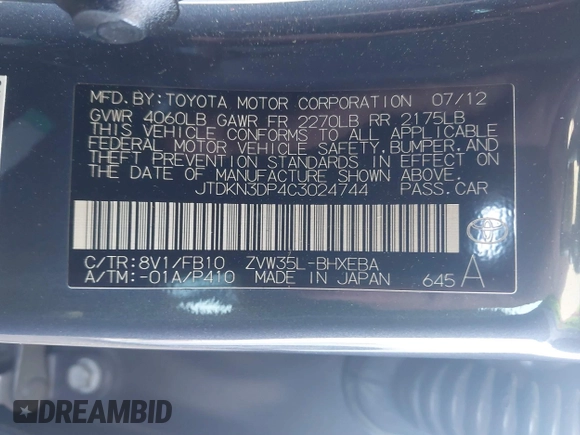 2012 Toyota Prius with VIN JTDKN3DP4C3024744, listed as a IAAI auction lot 41824675 with 107,837 mi miles and . Bid and sale history available at DreamBid. Image 9.