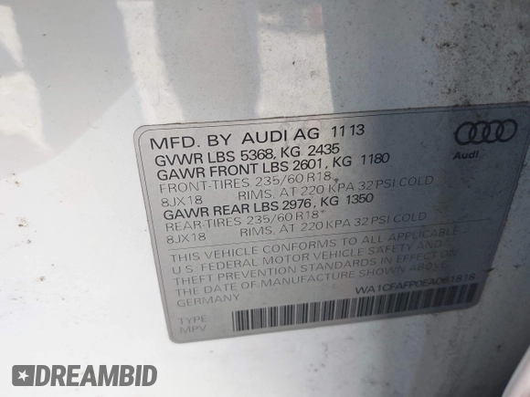 2014 Audi Q5 Premium z VIN WA1CFAFP0EA061818, wystawiony jako IAAI lot #40845361 z przebiegiem 166 333 mil mil oraz . Historia ofert i sprzedaży dostępna na DreamBid. Obrazek 9.