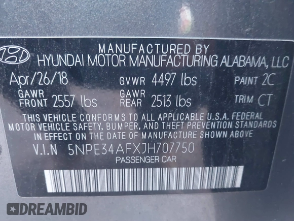 2018 Hyundai Sonata SEL with VIN 5NPE34AFXJH707750, listed as a IAAI auction lot 40944679 with 87,773 mi miles and . Bid and sale history available at DreamBid. Image 9.