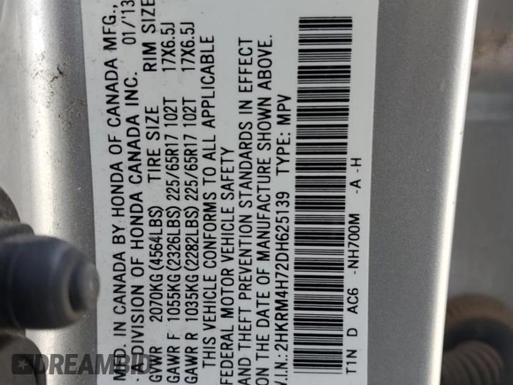 2013 Honda CR-V EX-L with VIN 2HKRM4H72DH625139, listed as a Copart auction lot 54523875 with 78,451 mi miles and Salvage Title. Bid and sale history available at carsss.com. Image 13.