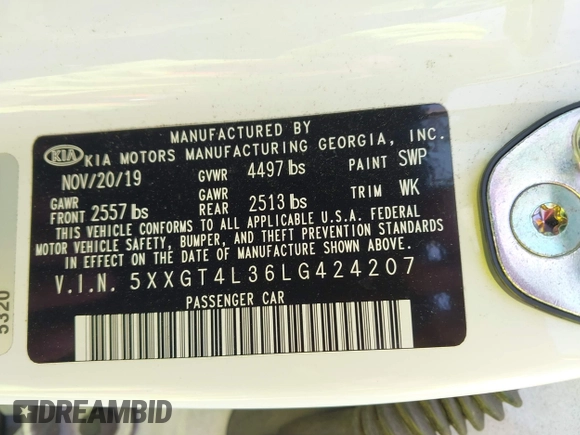 2020 Kia Optima LX with VIN 5XXGT4L36LG424207, listed as a IAAI auction lot 41909955 with 74,125 mi miles and . Bid and sale history available at carsss.com. Image 9.
