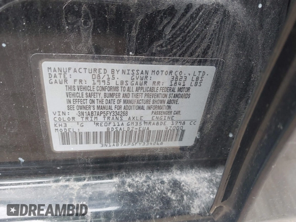 2015 Nissan Sentra S with VIN 3N1AB7AP5FY334268, listed as a IAAI auction lot 41990092 with 168,606 mi miles. Bid and sale history available at carsss.com. Image 9.