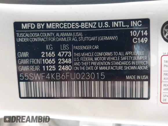 2015 Mercedes-Benz C 300 Luxury with VIN 55SWF4KB6FU023015, listed as a IAAI auction lot 42153797 with 47,639 mi miles and . Bid and sale history available at carsss.com. Image 9.