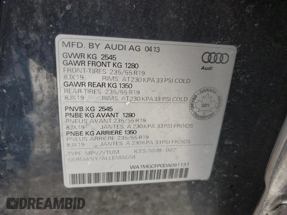 2013 Audi Q5 Premium with VIN WA1MGCFP0DA091137, listed as a Copart auction lot 84470614 with 172,055 mi miles and Clean title. Bid and sale history available at DreamBid. Image 13.