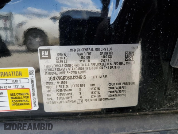 2016 Chevrolet Traverse LT z VIN 1GNKVGKD6GJ224615, wystawiony jako Copart lot #54907605 z przebiegiem Nie podano mil oraz Szkoda całkowita • Salvage title. Historia ofert i sprzedaży dostępna na DreamBid. Obrazek 13.