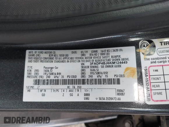 2019 Ford Fiesta SE with VIN 3FADP4BJ6KM124449, listed as a IAAI auction lot 41845317 with 66,416 mi miles. Bid and sale history available at carsss.com. Image 9.