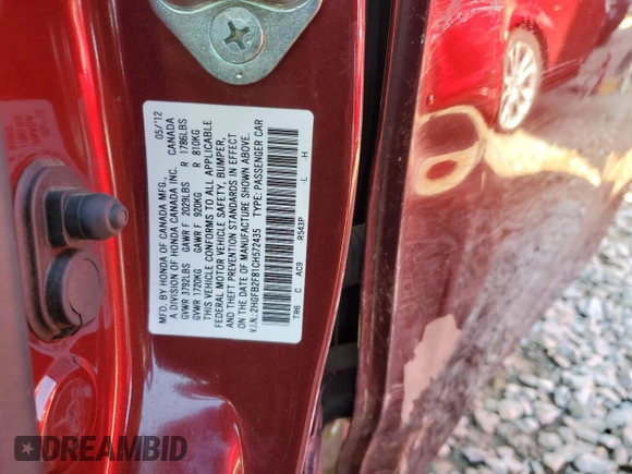 2012 Honda Civic EX with VIN 2HGFB2F81CH572435, listed as a Copart auction lot 52199805 with Not Provided miles and Salvage Title. Bid and sale history available at DreamBid. Image 10.