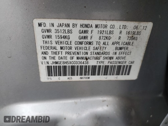 2012 Honda Fit Sport with VIN JHMGE8H5XCC036438, listed as a Copart auction lot 52434035 with 112,059 mi miles and Clean Title. Bid and sale history available at carsss.com. Image 12.