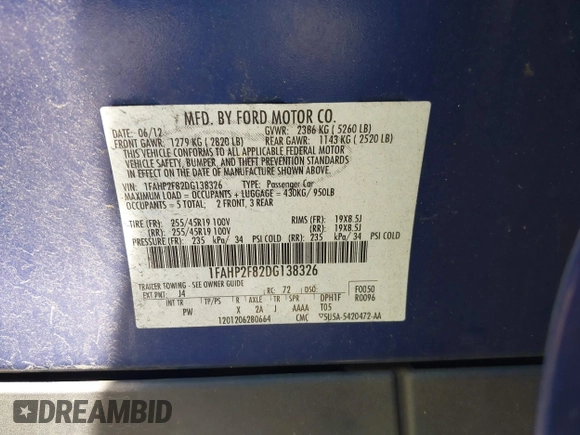 2013 Ford Taurus Limited with VIN 1FAHP2F82DG138326, listed as a IAAI auction lot 42497076 with 253,759 mi miles and . Bid and sale history available at DreamBid. Image 9.