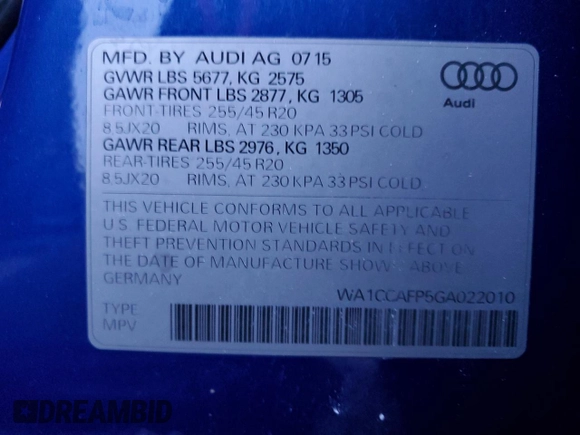 2016 Audi SQ5 Premium Plus with VIN WA1CCAFP5GA022010, listed as a Copart auction lot 83591864 with 93,026 mi miles and Salvage Title. Bid and sale history available at carsss.com. Image 15.