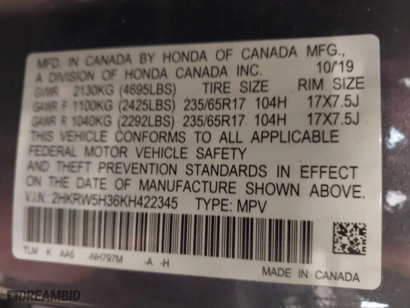 2019 Honda CR-V LX with VIN 2HKRW5H36KH422345, listed as a IAAI auction lot 41414807 with 33,295 mi miles. Bid and sale history available at carsss.com. Image 9.
