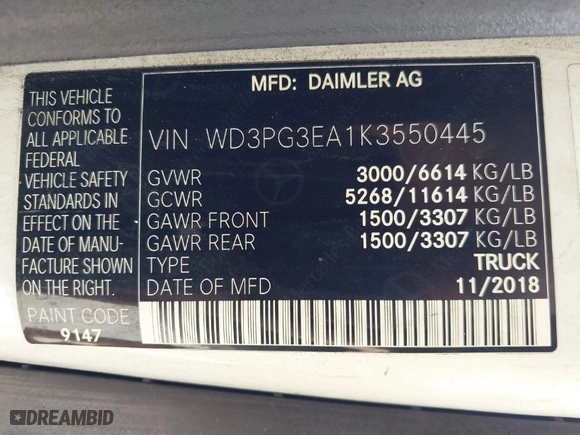 2019 Mercedes-Benz Metris Cargo Van with VIN WD3PG3EA1K3550445, listed as a IAAI auction lot 41457251 with 242,243 mi miles. Bid and sale history available at carsss.com. Image 9.
