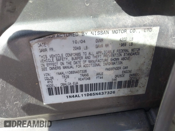 2005 Nissan Altima SL z VIN 1N4AL11D65N437326, wystawiony jako IAAI lot #42036878 z przebiegiem Nie podano mil oraz . Historia ofert i sprzedaży dostępna na DreamBid. Obrazek 9.