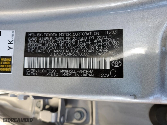 2024 Toyota Prius LE with VIN JTDACAAU4R3018502, listed as a Copart auction lot 48409495 with 22,266 mi miles and Salvage Title. Bid and sale history available at carsss.com. Image 13.