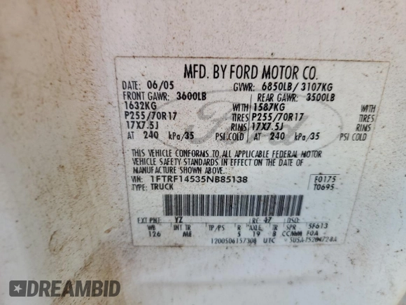 2005 Ford F-150 XL with VIN 1FTRF14535NB85138, listed as a Copart auction lot 49508915 with 224,077 mi miles and Salvage title. Bid and sale history available at DreamBid. Image 14.