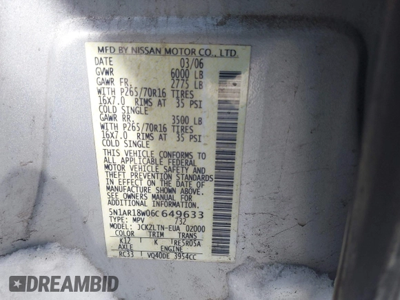 2006 Nissan Pathfinder SE with VIN 5N1AR18W06C649633, listed as a IAAI auction lot 41577009 with 137,557 mi miles and . Bid and sale history available at DreamBid. Image 9.