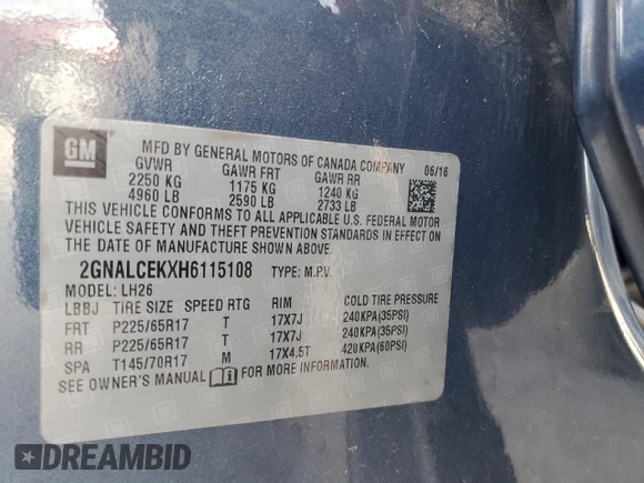 2017 Chevrolet Equinox LT with VIN 2GNALCEKXH6115108, listed as a Copart auction lot 54791365 with 96,610 mi miles and Salvage Title. Bid and sale history available at DreamBid. Image 13.