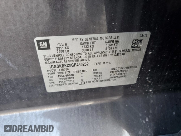2016 Chevrolet Tahoe LT z VIN 1GNSKBKC8GR460252, wystawiony jako Copart lot #56275265 z przebiegiem 120 149 mil mil oraz Szkoda całkowita • Salvage title. Historia ofert i sprzedaży dostępna na DreamBid. Obrazek 13.