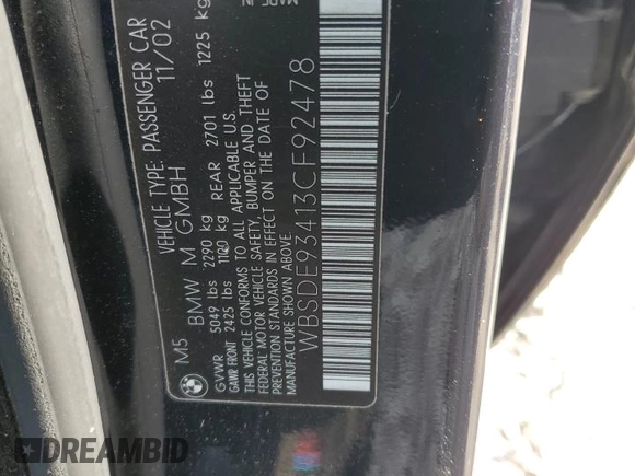 2003 BMW M5 z VIN WBSDE93413CF92478, wystawiony jako Copart lot #43822095 z przebiegiem 131 854 mil mil oraz Szkody całkowita. Historia ofert i sprzedaży dostępna na DreamBid. Obrazek 13.