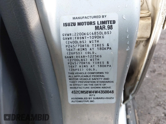 1998 Isuzu Rodeo S с VIN 4S2CM58W4W4350048, выставлен на аукционе IAAI как лот 41737479 с пробегом 146 630 миль миль и . История ставок и продаж доступна на DreamBid. Изображение 9.