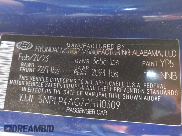 2023 Hyundai Elantra Limited with VIN 5NPLP4AG7PH110309, listed as a IAAI auction lot 41839676 with 37,198 mi miles and . Bid and sale history available at DreamBid. Image 9.