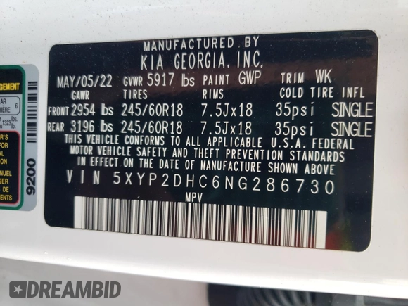 2022 Kia Telluride LX с VIN 5XYP2DHC6NG286730, выставлен на аукционе Copart как лот 59581235 с пробегом 58 569 миль миль и Списание • Salvage title. История ставок и продаж доступна на DreamBid. Изображение 14.