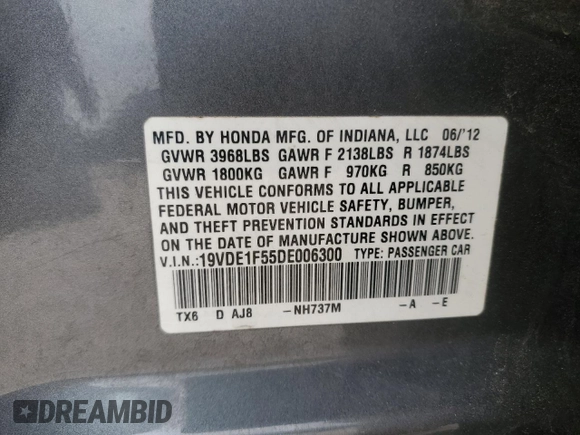 2013 Acura ILX Premium Pkg with VIN 19VDE1F55DE006300, listed as a Copart auction lot 53430155 with 69,340 mi miles and Salvage Title. Bid and sale history available at carsss.com. Image 12.
