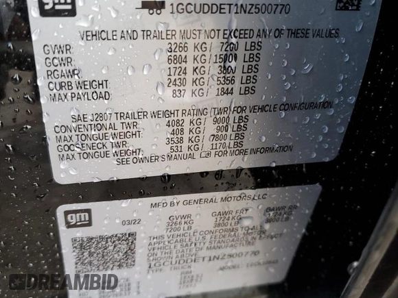 2022 Chevrolet Silverado 1500 LT with VIN 1GCUDDET1NZ500770, listed as a Copart auction lot 83409444 with 48,907 mi miles and Salvage Title. Bid and sale history available at DreamBid. Image 12.