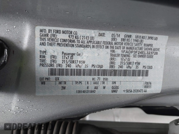 2014 Ford Focus SE with VIN 1FADP3F24EL323728, listed as a IAAI auction lot 41826974 with 141,357 mi miles and . Bid and sale history available at DreamBid. Image 9.