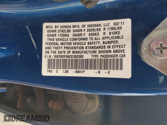 2012 Honda Civic EX-L with VIN 19XFB2F99CE300380, listed as a IAAI auction lot 42082095 with 154,921 mi miles and . Bid and sale history available at DreamBid. Image 9.