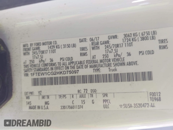 2017 Ford F-150 XL с VIN 1FTEW1CG2HKD75097, выставлен на аукционе IAAI как лот 40341326 с пробегом 127 337 миль миль и . История ставок и продаж доступна на DreamBid. Изображение 9.
