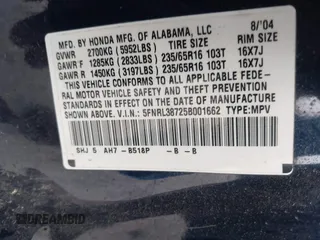2005 Honda Odyssey EX-L with VIN 5FNRL38725B001662, listed as a IAAI auction lot 42693301 with 161,114 mi miles and . Bid and sale history available at DreamBid. Image 9.