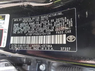 2012 Toyota Camry L with VIN 4T1BF1FK9CU154138, listed as a IAAI auction lot 41940826 with 129,367 mi miles. Bid and sale history available at carsss.com. Image 9.