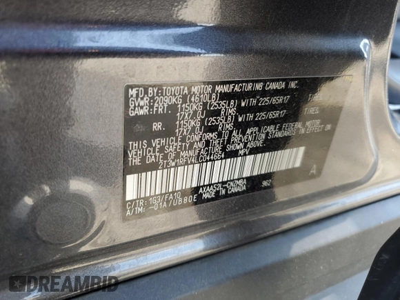2020 Toyota RAV4 XLE with VIN 2T3W1RFV4LC044664, listed as a Copart auction lot 59163675 with 60,648 mi miles and Salvage title. Bid and sale history available at DreamBid. Image 14.