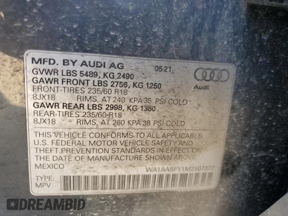 2021 Audi Q5 with VIN WA1AABFY1M2107377, listed as a Copart auction lot 44348435 with 86,408 mi miles and Salvage title. Bid and sale history available at DreamBid. Image 13.