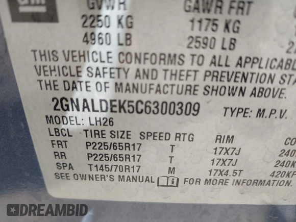 2012 Chevrolet Equinox LT w/1LT with VIN 2GNALDEK5C6300309, listed as a IAAI auction lot 41925197 with 117,922 mi miles. Bid and sale history available at carsss.com. Image 9.