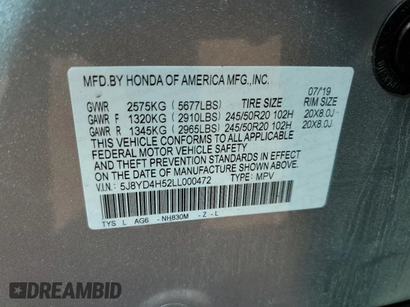 2020 Acura MDX Technology with VIN 5J8YD4H52LL000472, listed as a Copart auction lot 60347275 with 33,804 mi miles and Salvage title. Bid and sale history available at DreamBid. Image 14.