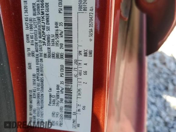 2019 Ford Fiesta SE with VIN 3FADP4EJ1KM106632, listed as a Copart auction lot 50272315 with 100,096 mi miles and Salvage Title. Bid and sale history available at carsss.com. Image 14.