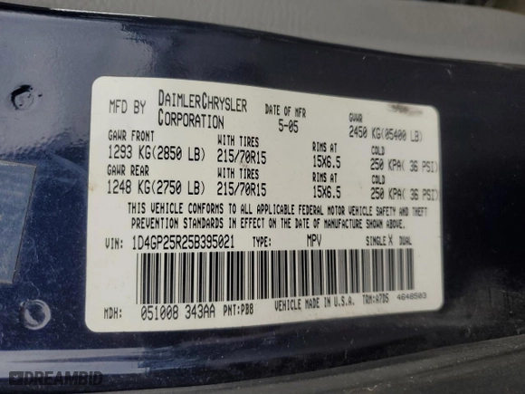 2005 Dodge Caravan SE with VIN 1D4GP25R25B395021, listed as a Copart auction lot 45104395 with 247,676 mi miles and Salvage Title. Bid and sale history available at carsss.com. Image 13.