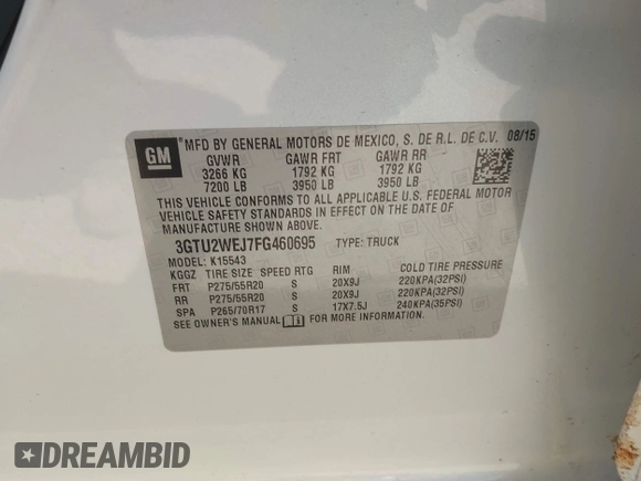 2015 GMC Sierra 1500 Denali with VIN 3GTU2WEJ7FG460695, listed as a IAAI auction lot 42023393 with 116,761 mi miles and . Bid and sale history available at DreamBid. Image 9.