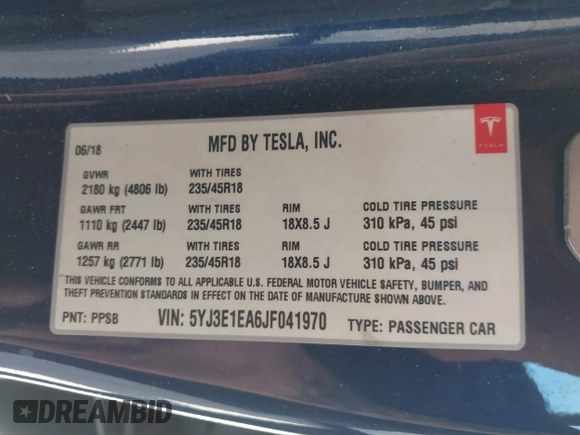 2018 Tesla Model 3 Long Range Battery z VIN 5YJ3E1EA6JF041970, wystawiony jako IAAI lot #42224514 z przebiegiem 79 744 mil mil oraz . Historia ofert i sprzedaży dostępna na DreamBid. Obrazek 9.