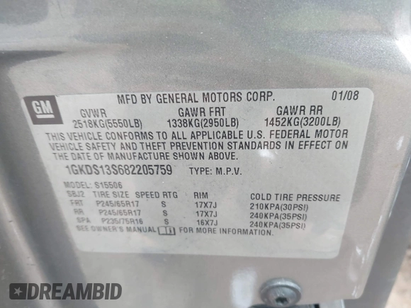 2008 GMC Envoy SLE1 with VIN 1GKDS13S682205759, listed as a IAAI auction lot 41378668 with 234,582 mi miles and . Bid and sale history available at DreamBid. Image 9.