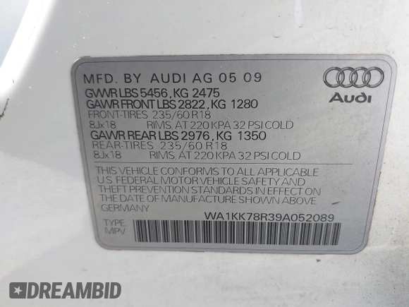 2009 Audi Q5 Premium Plus with VIN WA1KK78R39A052089, listed as a IAAI auction lot 42465851 with 142,913 mi miles and . Bid and sale history available at DreamBid. Image 9.