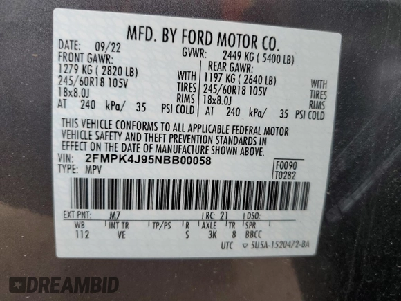 2022 Ford Edge SEL z VIN 2FMPK4J95NBB00058, wystawiony jako Copart lot #56833375 z przebiegiem 45 151 mil mil oraz Nie do naprawy • Non repairable. Historia ofert i sprzedaży dostępna na DreamBid. Obrazek 13.