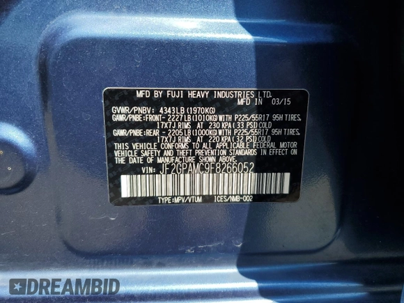2015 Subaru Crosstrek Limited with VIN JF2GPAMC9F8266052, listed as a Copart auction lot 62340755 with 122,734 mi miles and Clean title. Bid and sale history available at DreamBid. Image 13.