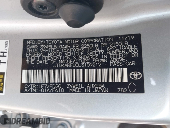 2020 Toyota Prius L Eco with VIN JTDKARFU0L3109212, listed as a IAAI auction lot 42356801 with 81,478 mi miles and . Bid and sale history available at DreamBid. Image 9.
