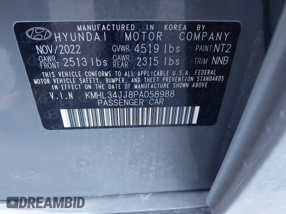 2023 Hyundai Sonata SEL with VIN KMHL34JJ8PA058988, listed as a IAAI auction lot 41818230 with Not Provided miles and . Bid and sale history available at DreamBid. Image 9.